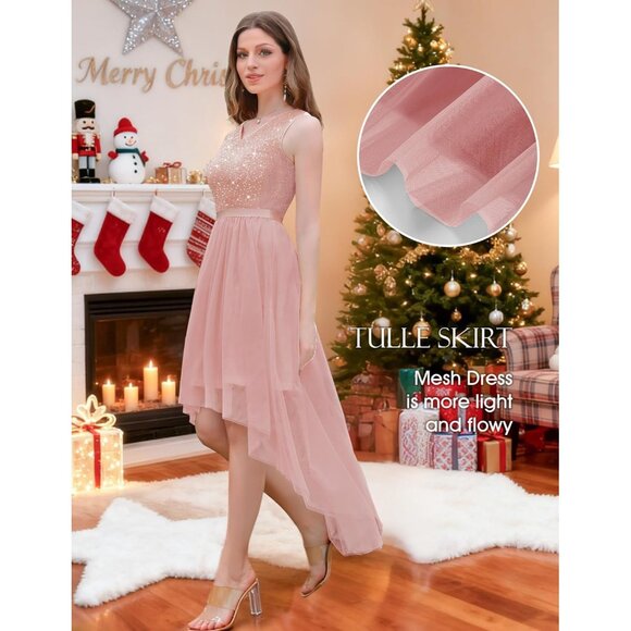 BeryLove Women Tulle Sequin Blush Chiffon Scoop Neck Sleeveless Cocktail Dresses - Picture 5 of 7